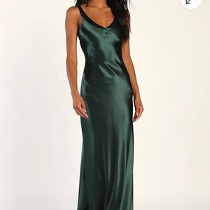 Lulu's Perfectly Classy Emerald Green Satin Strappy Maxi Dress
